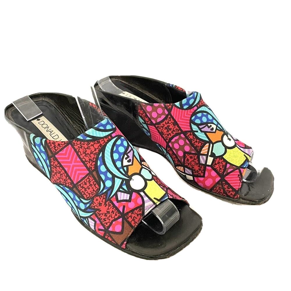 Donald Pliner Fabric Wedge Mules Shoes Fun Colorful Romero Britto Print Size 6.5
